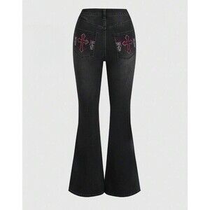 NWT Romwe Jeans Women's 2XS (24x29) Black Flare Cross Red White Rhinestones